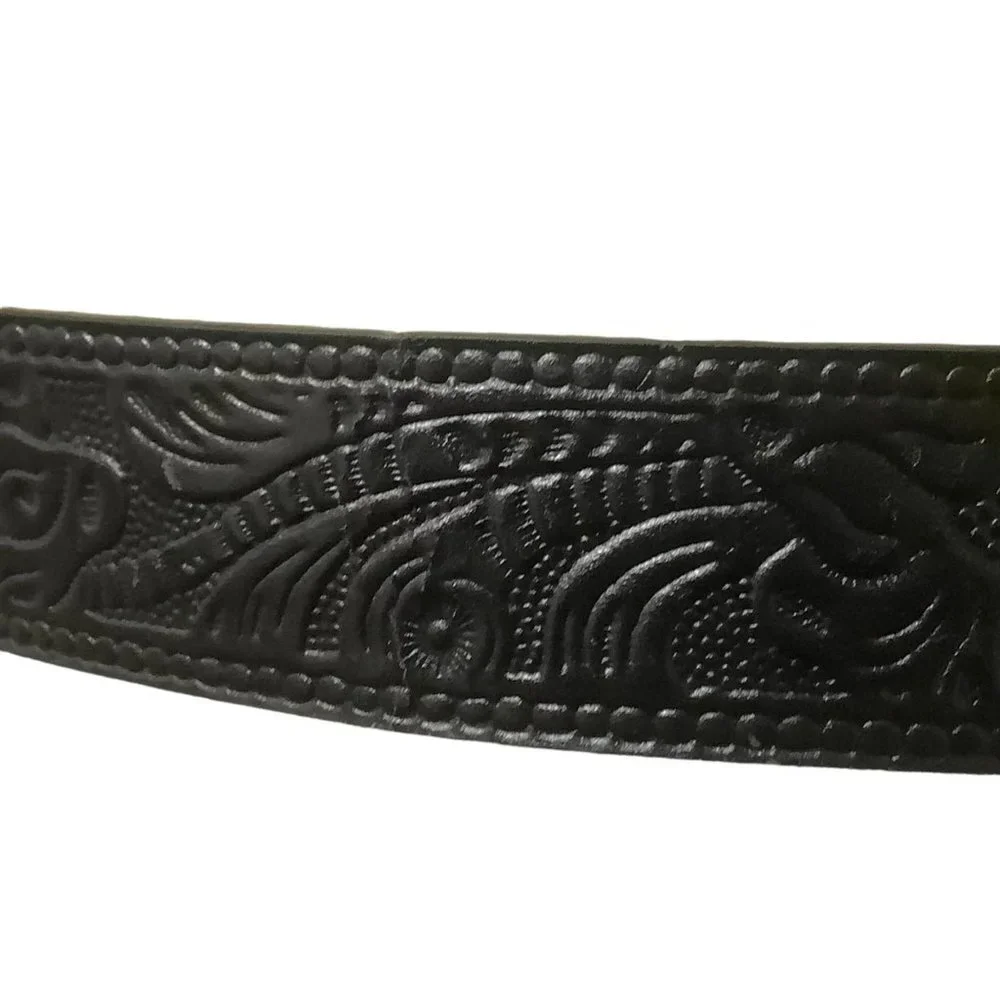 Perry Ellis Embossed‎ Tooled Leather Belt Women Medium Large Circle Boho Buckle